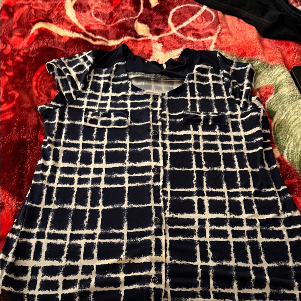 Navy and White Grid Pattern Blouse